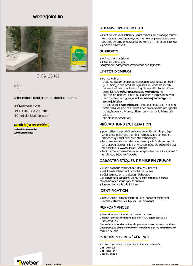 Mortier WeberJoint Mince Fin Blanc Pur E06 - 5kg