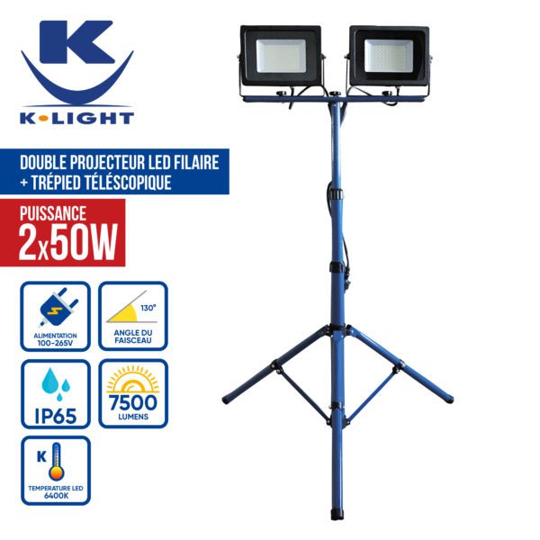 Projecteur LED filaire 2 têtes de 50W 7500 lumen IP65