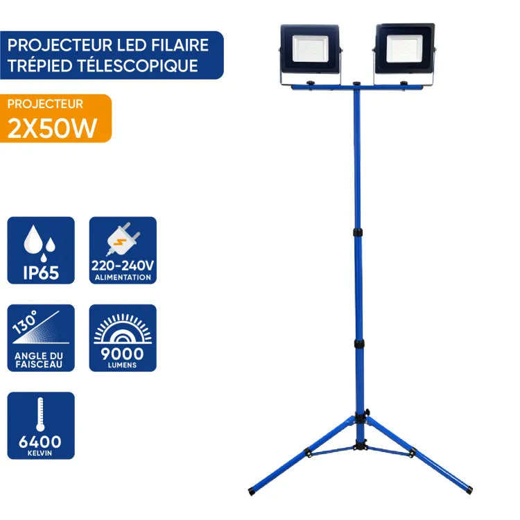 Projecteur LED filaire 2 têtes de 50W 7500 lumen IP65