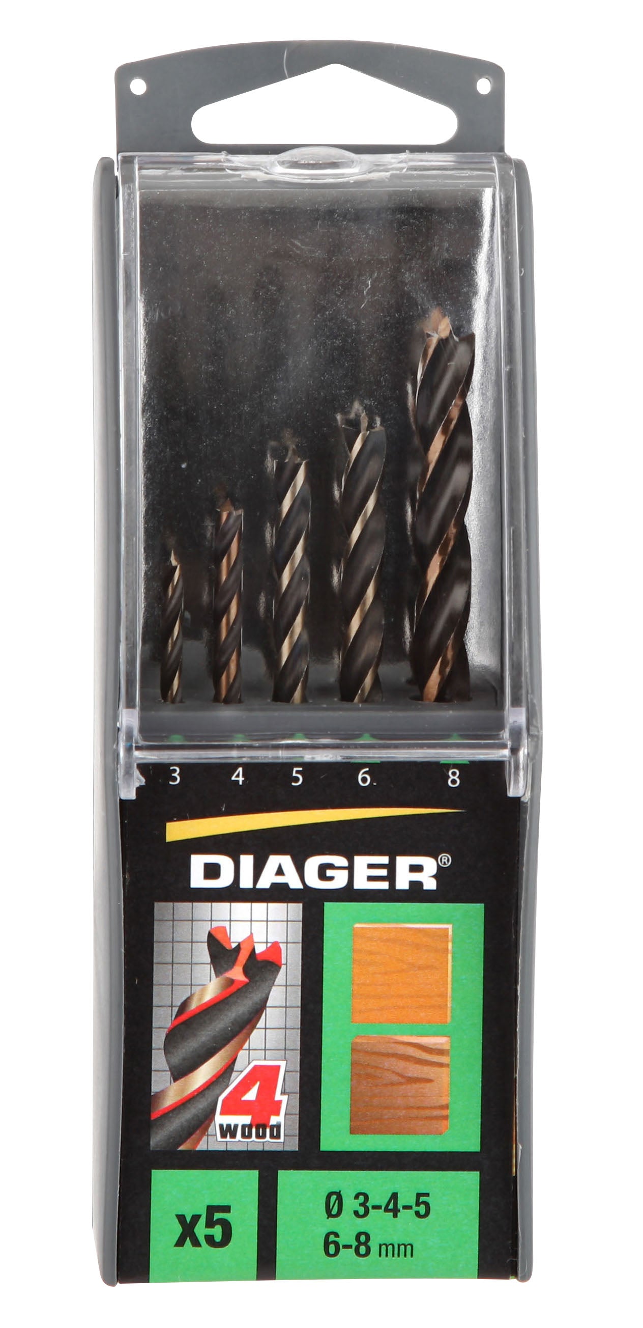Coffret 5 forets bois 4 pointes attachement cylindrique Ø3-4-5-6-8 mm