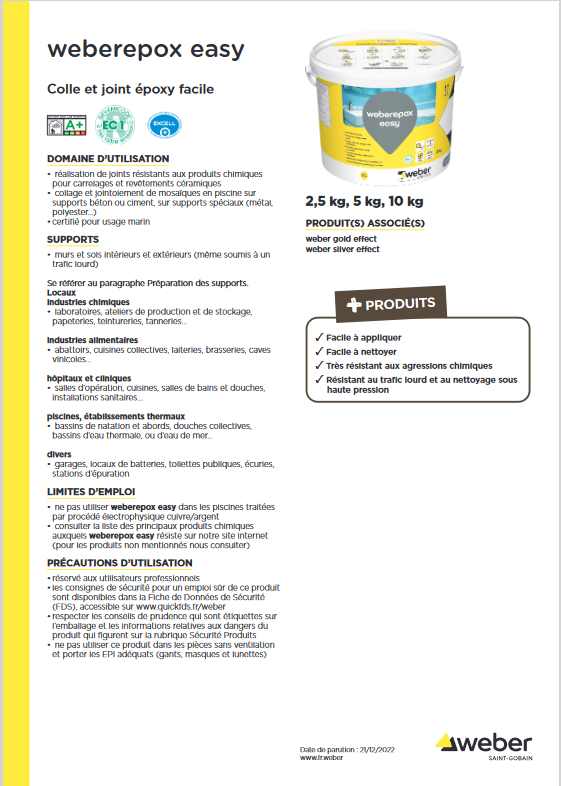 Weberepox Easy Mortier-colle de jointoiement Pour Carrelage Gris Ciment E00 - 5KG