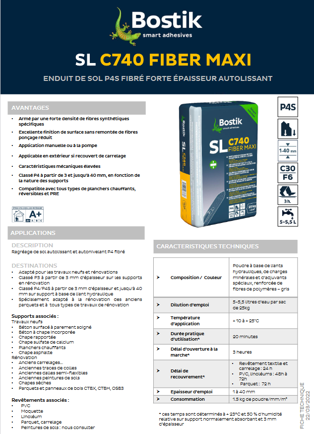 Ragréage Fibré Maxi P4S Autolisant - int/ext - SL C740 -25 KG