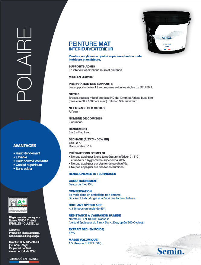 Peinture acrylique Mat Blanc Intérieur/Extérieur - 15L