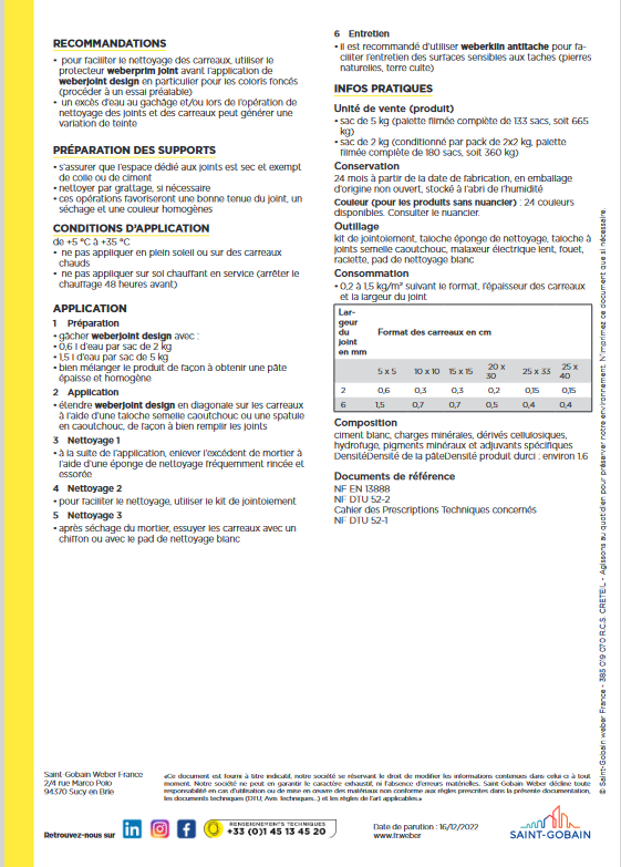 Weberjoint Mortier Décoratif Design - Blanc pur E06s - 5KG