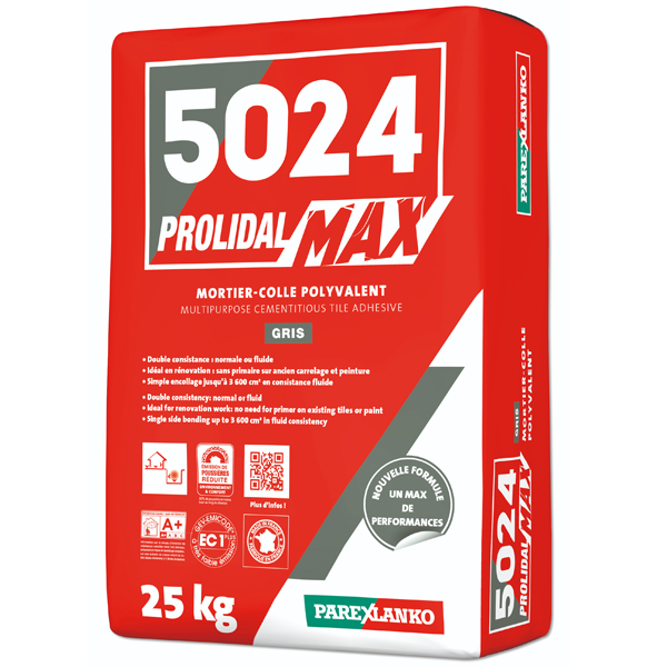 Mortier-colle amélioré polyvalent - 5024 Prolidal Max Gris - 25 KG
